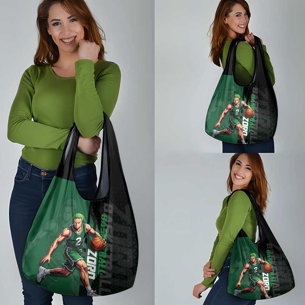 Zoro One Piece Basketball Theme Green and Black Design Grocery Bag with Swordsman Logo and Action Dribble Pose - The Mazicc