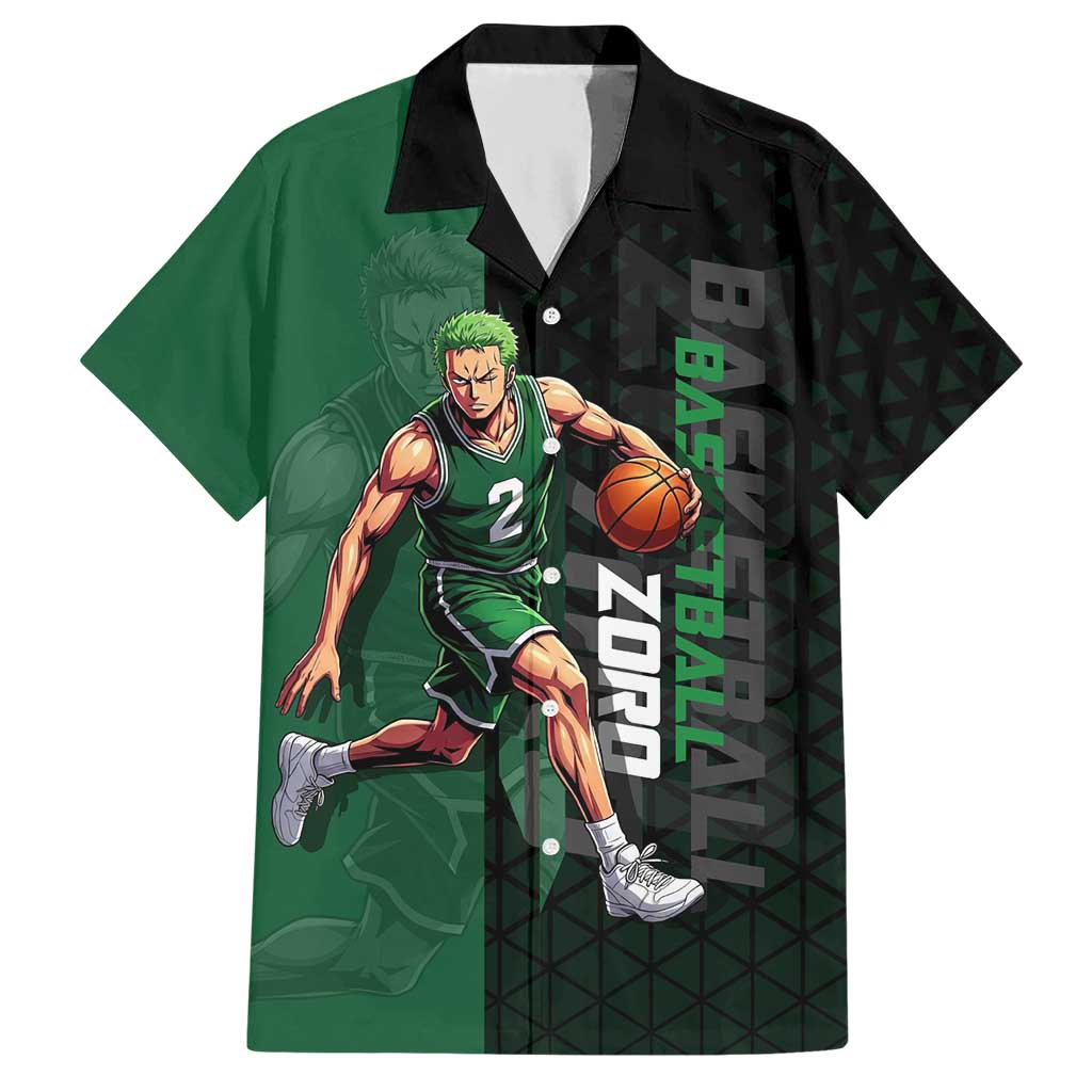 Zoro One Piece Basketball Theme Green and Black Design Hawaiian Shirt with Swordsman Logo and Action Dribble Pose - The Mazicc