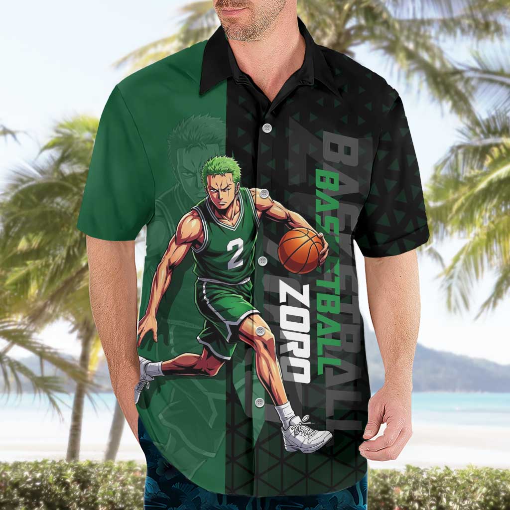 Zoro One Piece Basketball Theme Green and Black Design Hawaiian Shirt with Swordsman Logo and Action Dribble Pose - The Mazicc