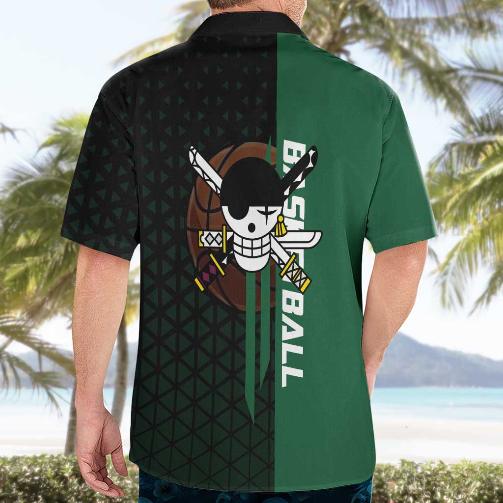Zoro One Piece Basketball Theme Green and Black Design Hawaiian Shirt with Swordsman Logo and Action Dribble Pose - The Mazicc