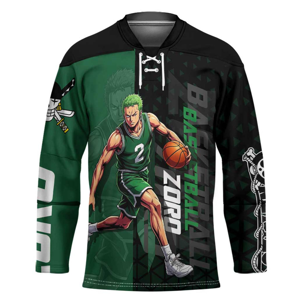 Zoro One Piece Basketball Theme Green and Black Design Hockey Jersey with Swordsman Logo and Action Dribble Pose - The Mazicc
