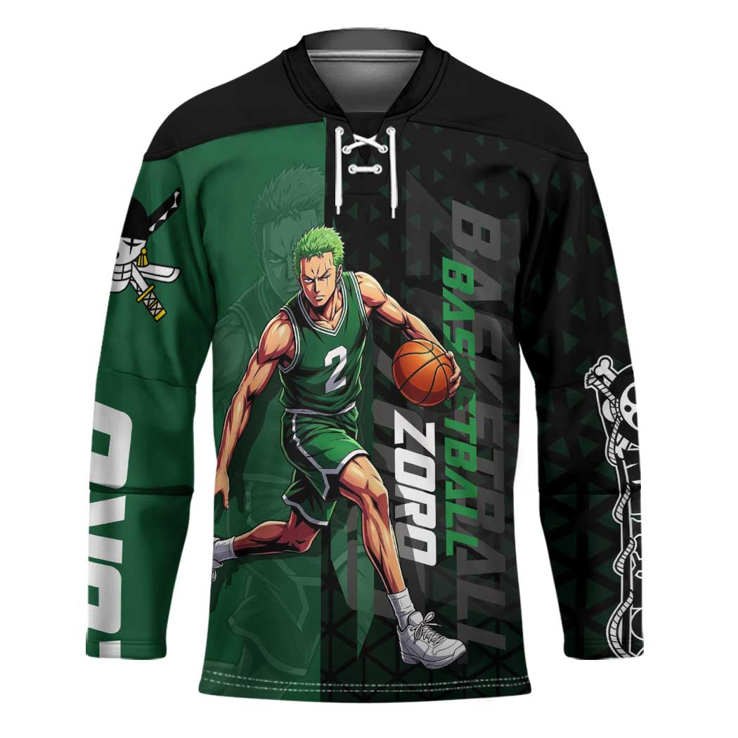 Zoro One Piece Basketball Theme Green and Black Design Hockey Jersey with Swordsman Logo and Action Dribble Pose - The Mazicc