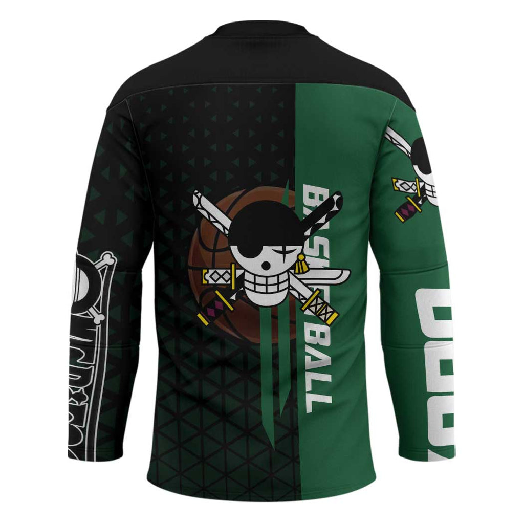 Zoro One Piece Basketball Theme Green and Black Design Hockey Jersey with Swordsman Logo and Action Dribble Pose - The Mazicc