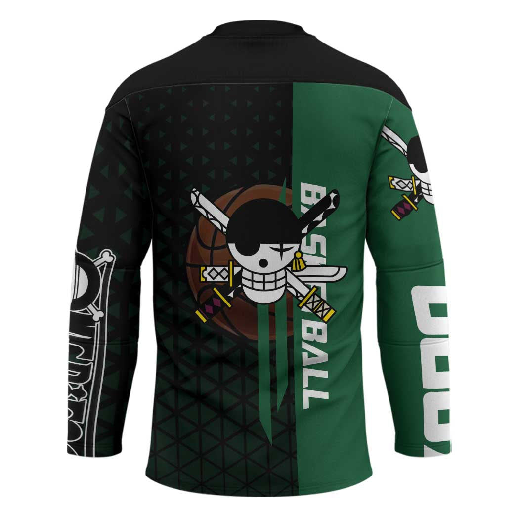 Zoro One Piece Basketball Theme Green and Black Design Hockey Jersey with Swordsman Logo and Action Dribble Pose - The Mazicc