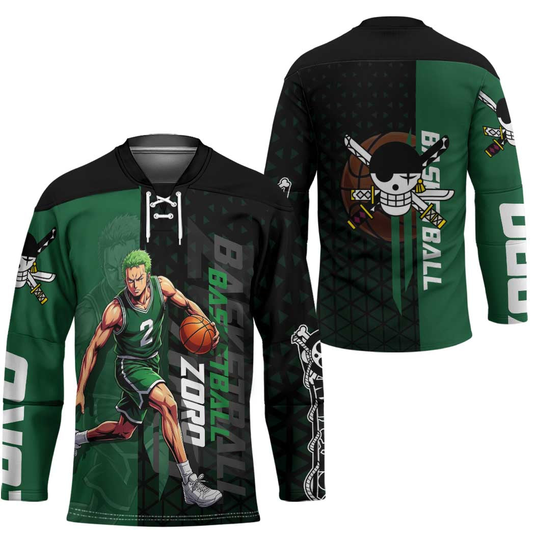 Zoro One Piece Basketball Theme Green and Black Design Hockey Jersey with Swordsman Logo and Action Dribble Pose - The Mazicc
