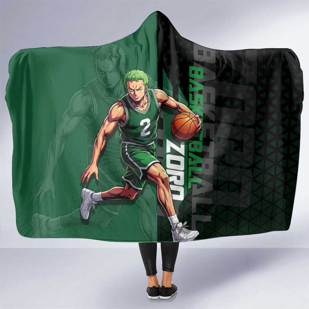 Zoro One Piece Basketball Theme Green and Black Design Hooded Blanket with Swordsman Logo and Action Dribble Pose - The Mazicc