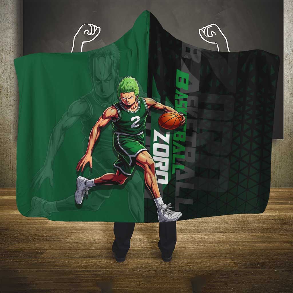 Zoro One Piece Basketball Theme Green and Black Design Hooded Blanket with Swordsman Logo and Action Dribble Pose - The Mazicc