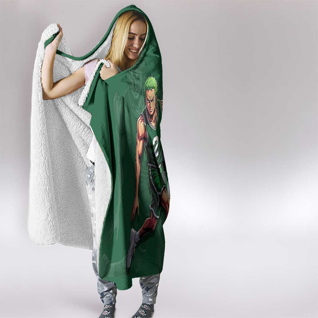 Zoro One Piece Basketball Theme Green and Black Design Hooded Blanket with Swordsman Logo and Action Dribble Pose - The Mazicc