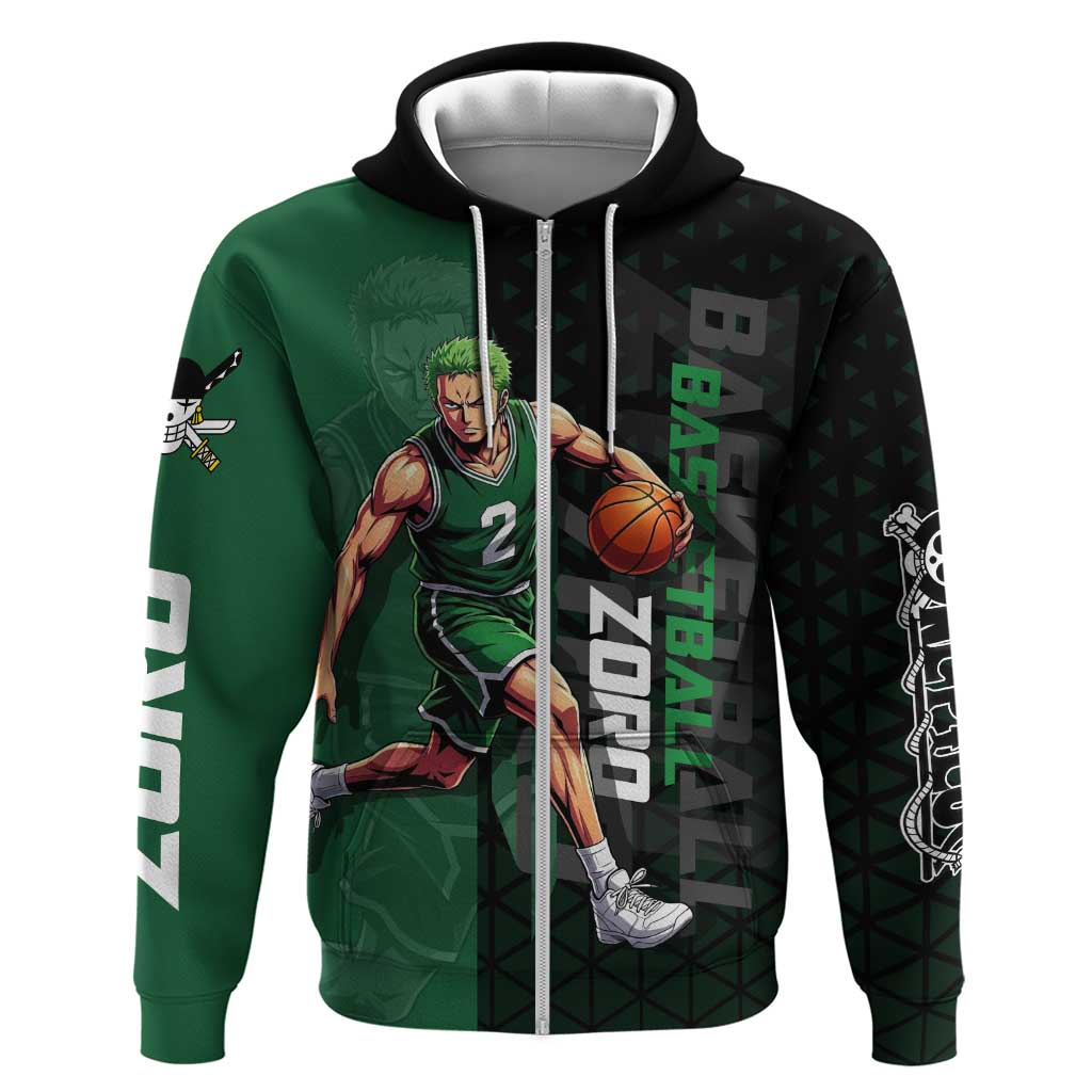 Zoro One Piece Basketball Theme Green and Black Design Hoodie with Swordsman Logo and Action Dribble Pose - The Mazicc