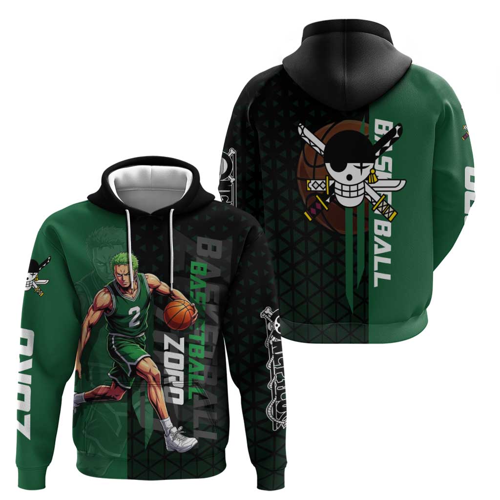 Zoro One Piece Basketball Theme Green and Black Design Hoodie with Swordsman Logo and Action Dribble Pose - The Mazicc