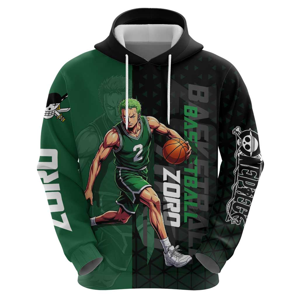 Zoro One Piece Basketball Theme Green and Black Design Hoodie with Swordsman Logo and Action Dribble Pose - The Mazicc