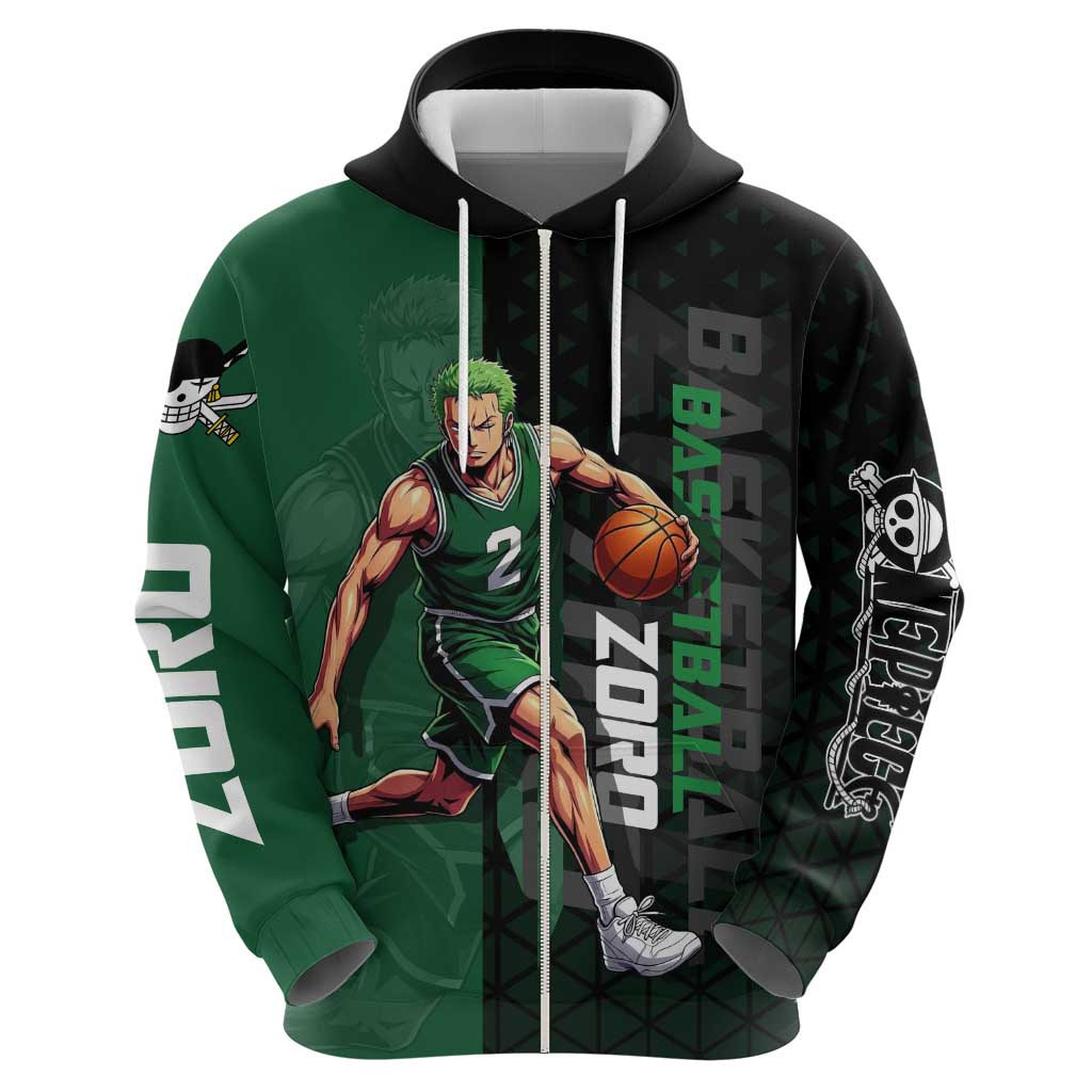 Zoro One Piece Basketball Theme Green and Black Design Hoodie with Swordsman Logo and Action Dribble Pose - The Mazicc