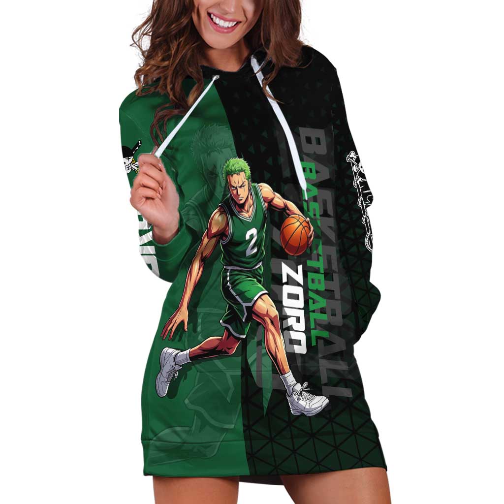 Zoro One Piece Basketball Theme Green and Black Design Hoodie Dress with Swordsman Logo and Action Dribble Pose - The Mazicc