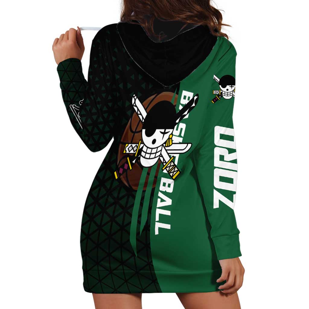 Zoro One Piece Basketball Theme Green and Black Design Hoodie Dress with Swordsman Logo and Action Dribble Pose - The Mazicc