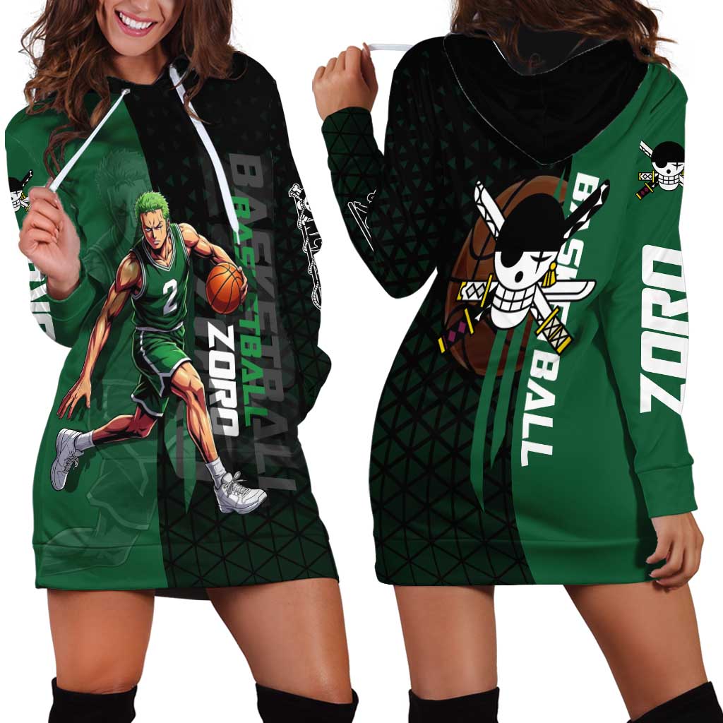 Zoro One Piece Basketball Theme Green and Black Design Hoodie Dress with Swordsman Logo and Action Dribble Pose - The Mazicc