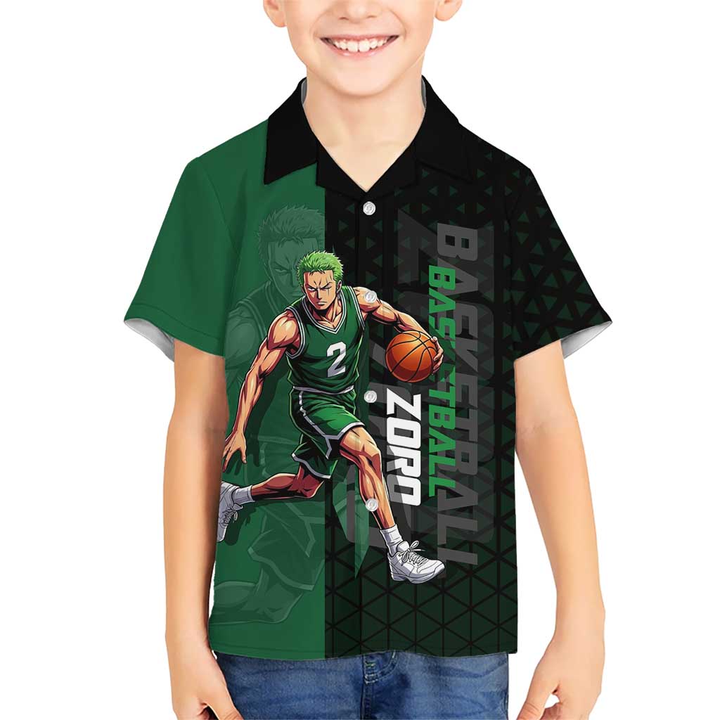 Zoro One Piece Basketball Theme Green and Black Design Kid Hawaiian Shirt with Swordsman Logo and Action Dribble Pose - The Mazicc