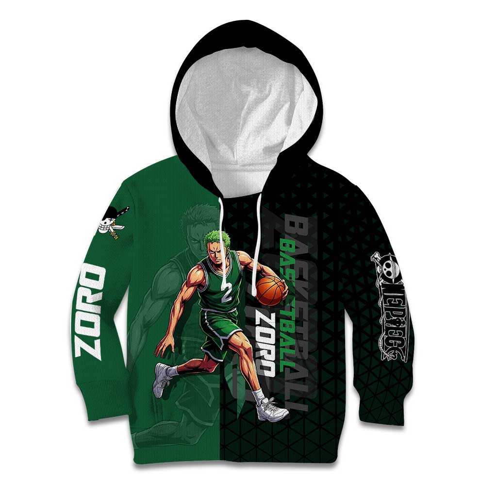 Zoro One Piece Basketball Theme Green and Black Design Kid Hoodie with Swordsman Logo and Action Dribble Pose - The Mazicc