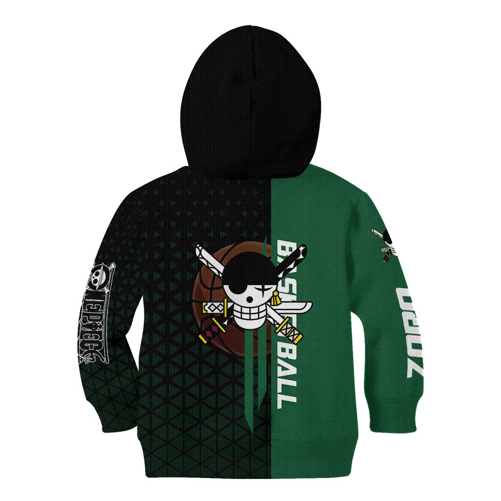 Zoro One Piece Basketball Theme Green and Black Design Kid Hoodie with Swordsman Logo and Action Dribble Pose - The Mazicc