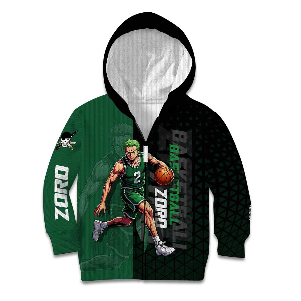 Zoro One Piece Basketball Theme Green and Black Design Kid Hoodie with Swordsman Logo and Action Dribble Pose - The Mazicc