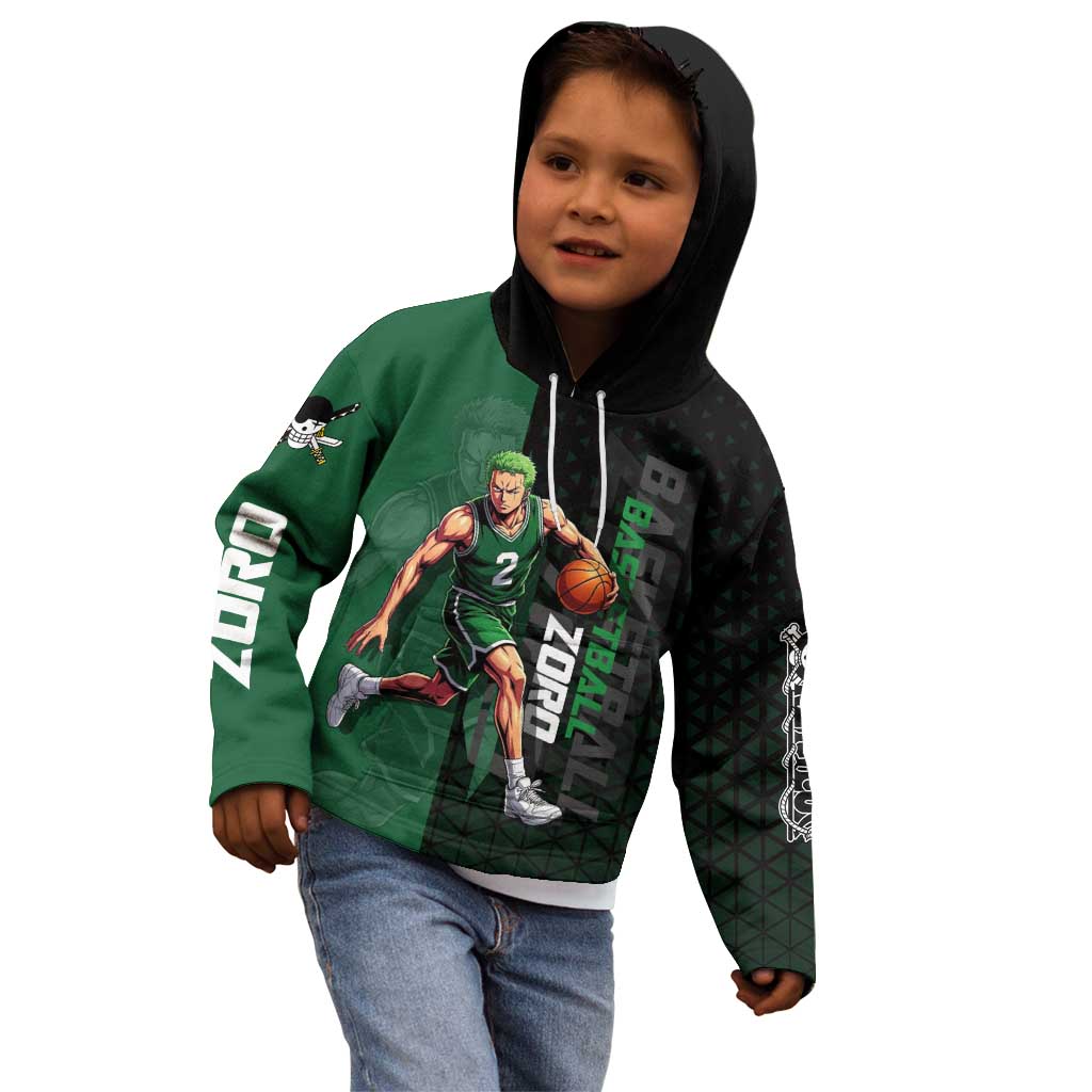 Zoro One Piece Basketball Theme Green and Black Design Kid Hoodie with Swordsman Logo and Action Dribble Pose - The Mazicc