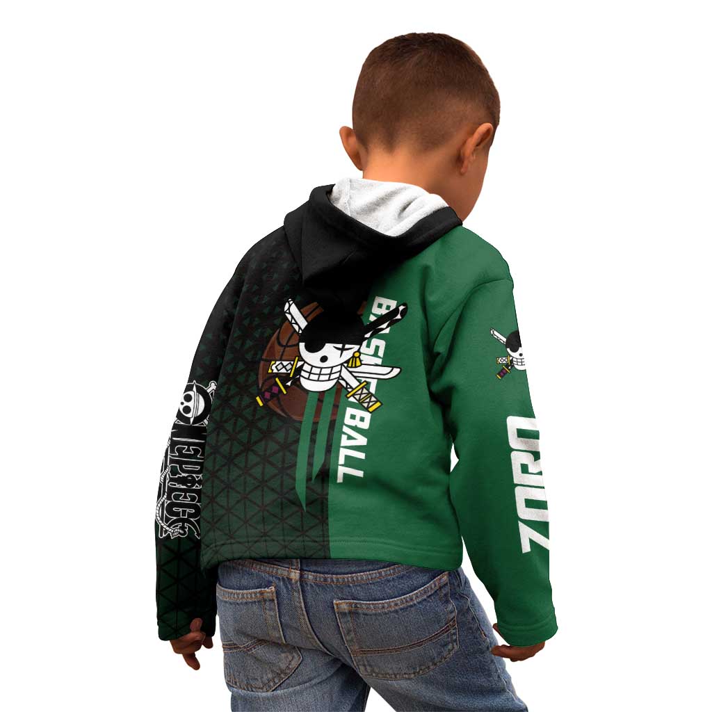 Zoro One Piece Basketball Theme Green and Black Design Kid Hoodie with Swordsman Logo and Action Dribble Pose - The Mazicc