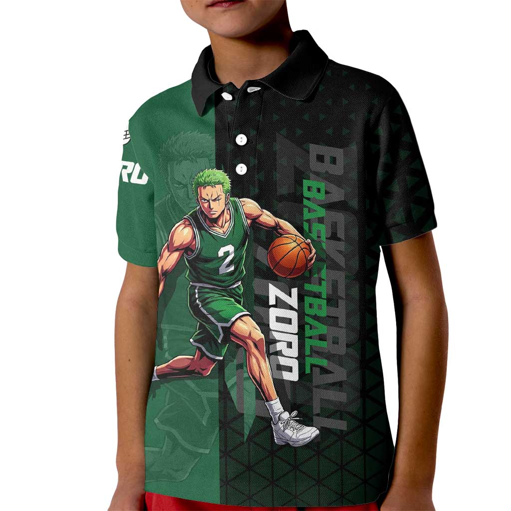 Zoro One Piece Basketball Theme Green and Black Design Kid Polo Shirt with Swordsman Logo and Action Dribble Pose - The Mazicc