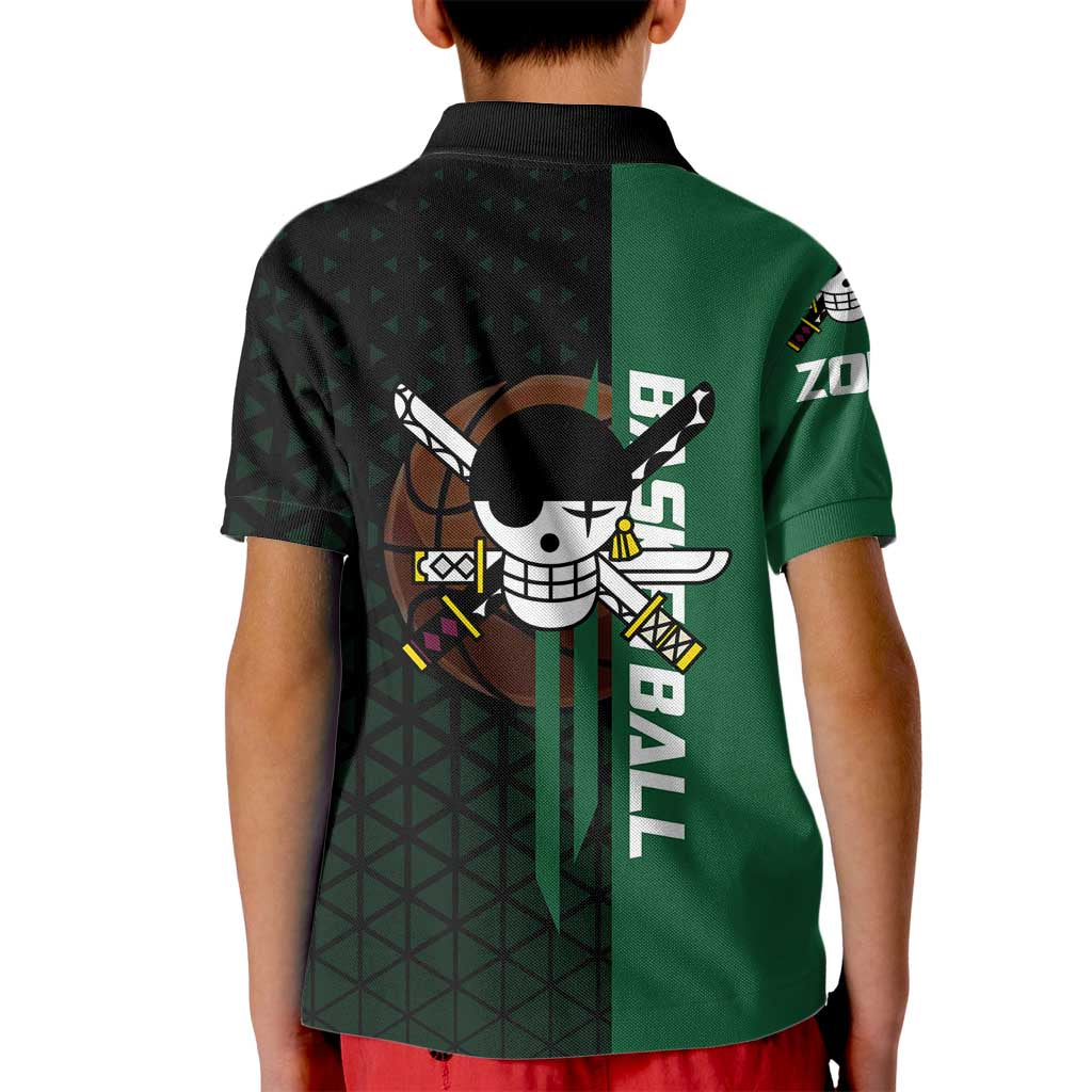 Zoro One Piece Basketball Theme Green and Black Design Kid Polo Shirt with Swordsman Logo and Action Dribble Pose - The Mazicc