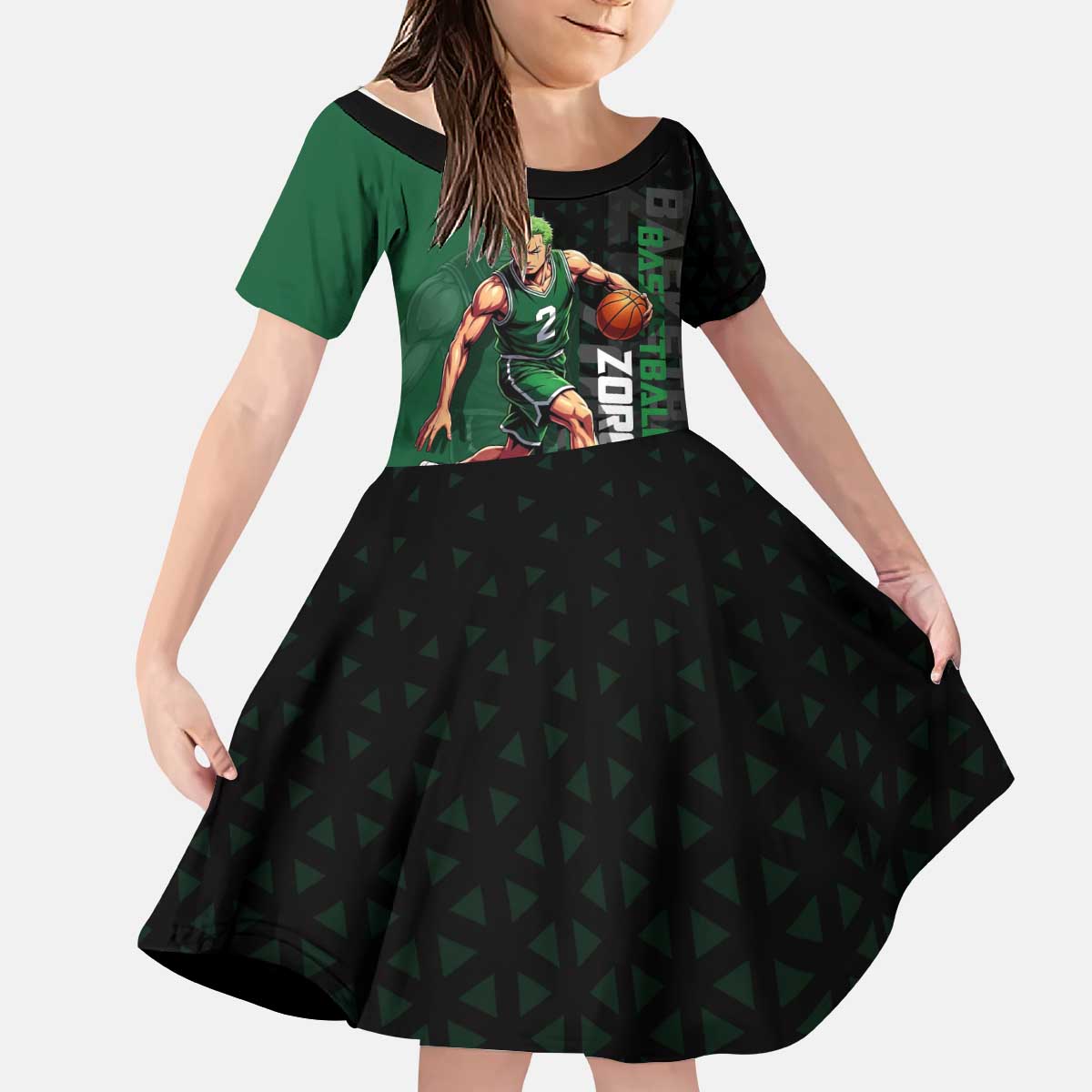 Zoro One Piece Basketball Theme Green and Black Design Kid Short Sleeve Dress with Swordsman Logo and Action Dribble Pose - The Mazicc