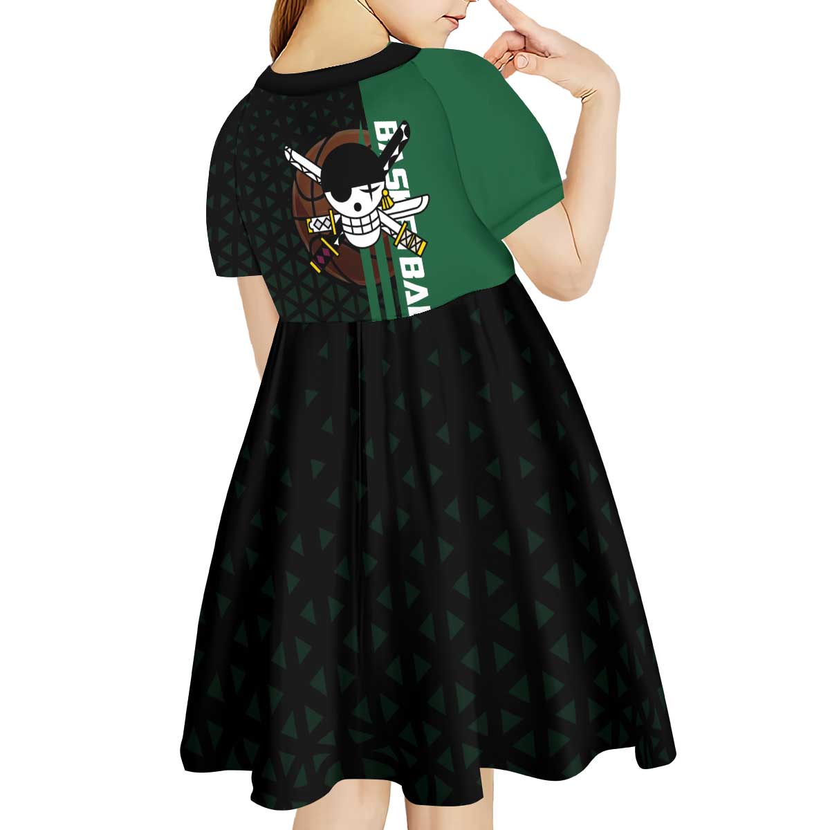 Zoro One Piece Basketball Theme Green and Black Design Kid Short Sleeve Dress with Swordsman Logo and Action Dribble Pose - The Mazicc