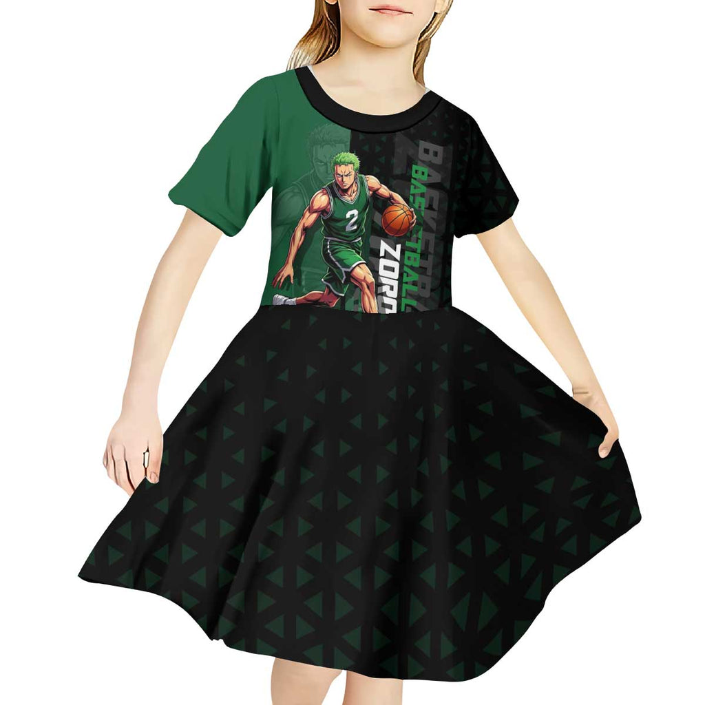 Zoro One Piece Basketball Theme Green and Black Design Kid Short Sleeve Dress with Swordsman Logo and Action Dribble Pose - The Mazicc