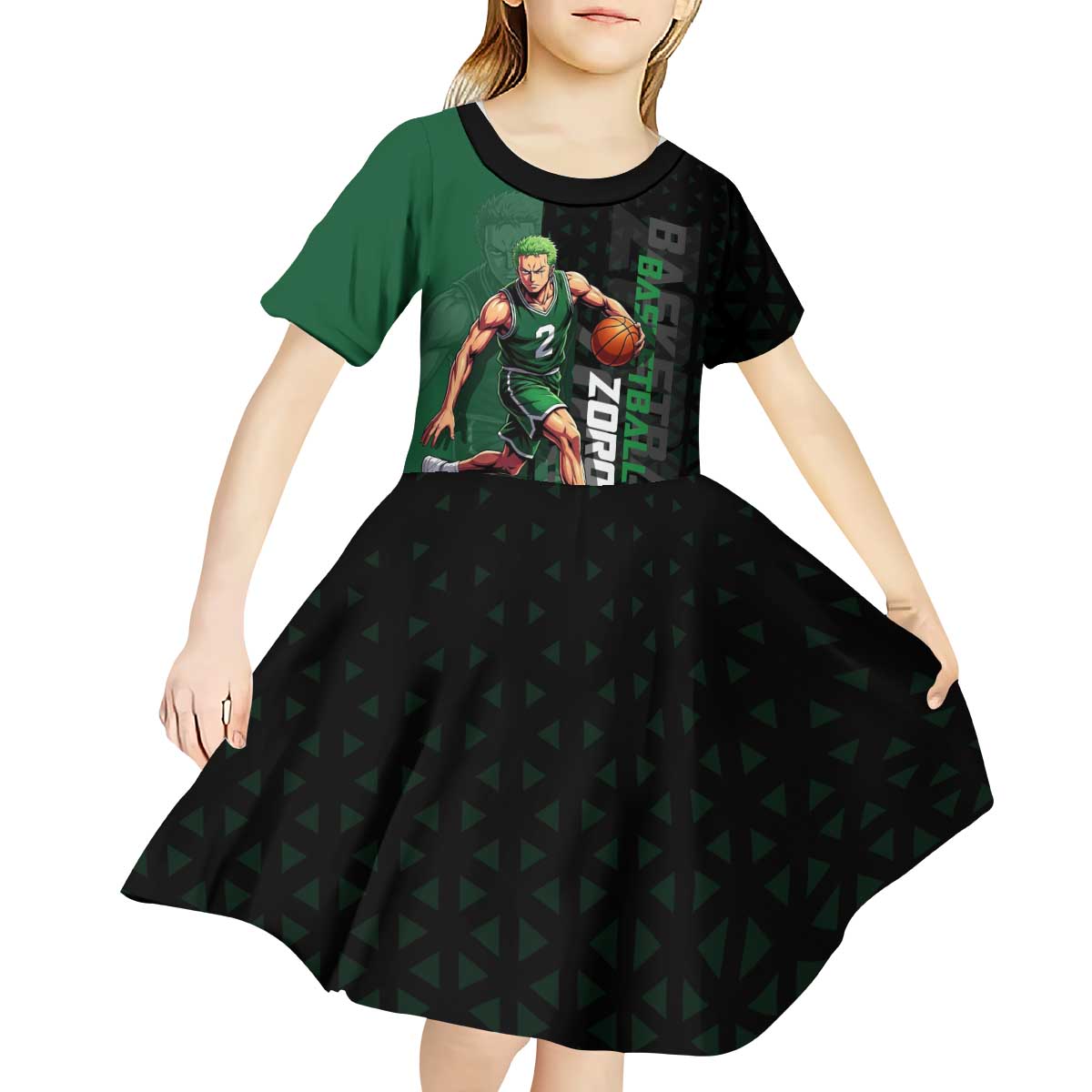 Zoro One Piece Basketball Theme Green and Black Design Kid Short Sleeve Dress with Swordsman Logo and Action Dribble Pose - The Mazicc