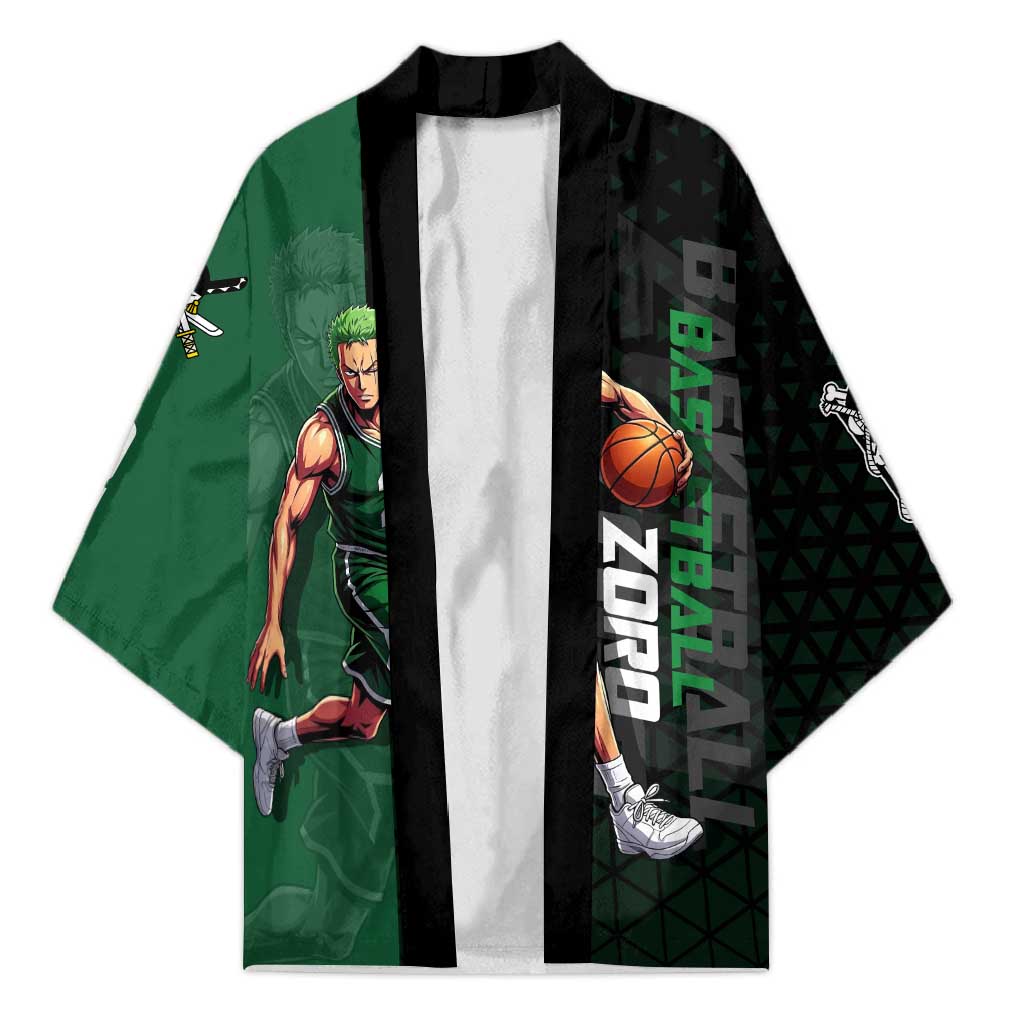 Zoro One Piece Basketball Theme Green and Black Design Kimono with Swordsman Logo and Action Dribble Pose - The Mazicc