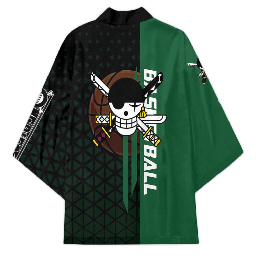 Zoro One Piece Basketball Theme Green and Black Design Kimono with Swordsman Logo and Action Dribble Pose - The Mazicc