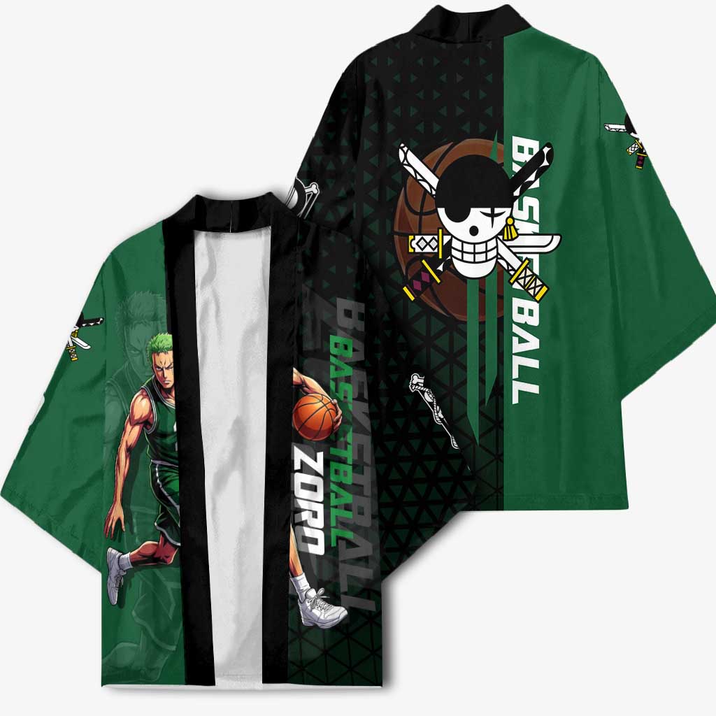 Zoro One Piece Basketball Theme Green and Black Design Kimono with Swordsman Logo and Action Dribble Pose - The Mazicc