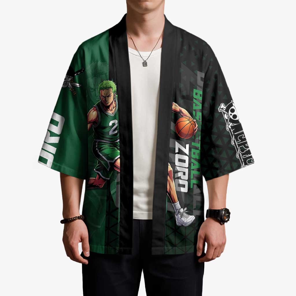 Zoro One Piece Basketball Theme Green and Black Design Kimono with Swordsman Logo and Action Dribble Pose - The Mazicc