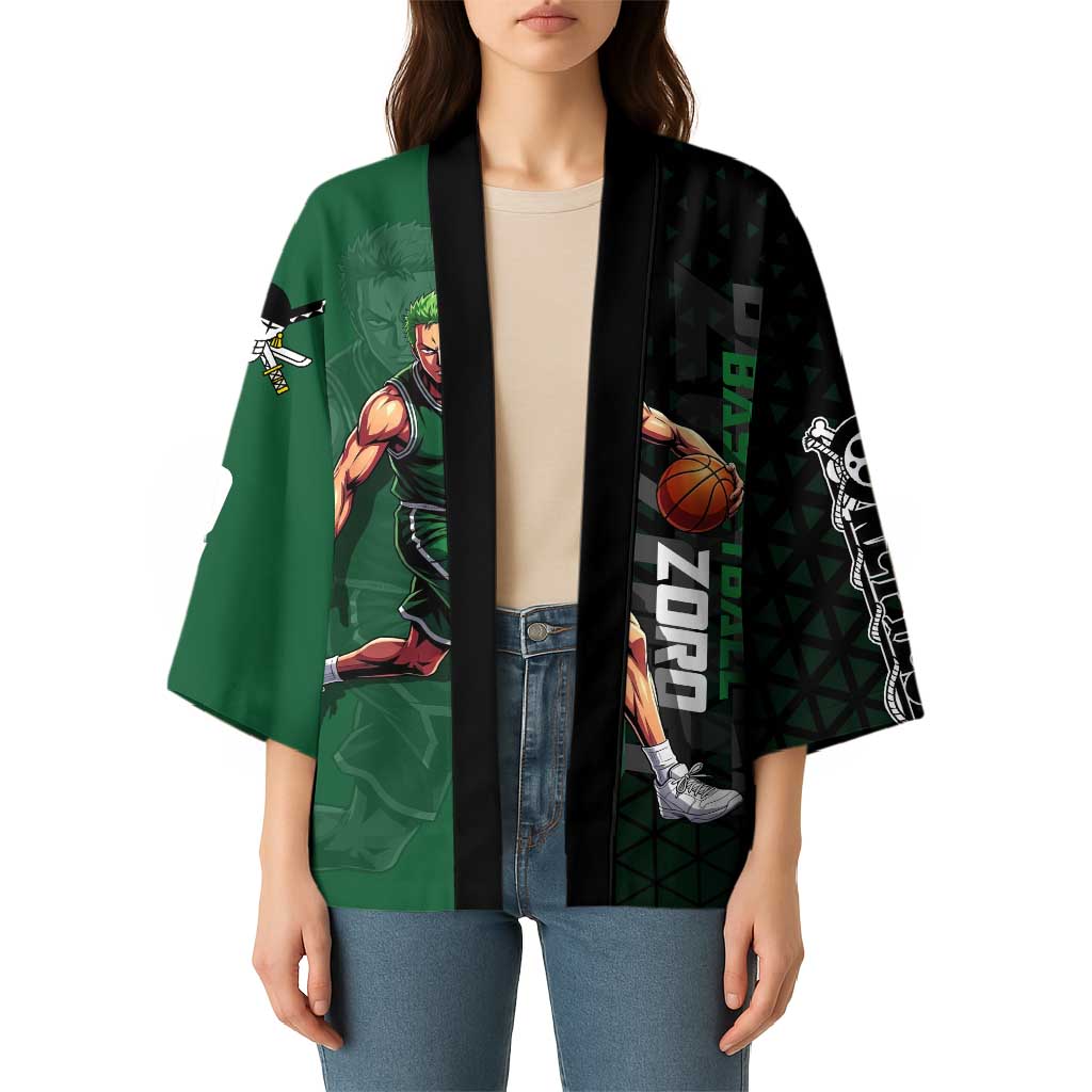 Zoro One Piece Basketball Theme Green and Black Design Kimono with Swordsman Logo and Action Dribble Pose - The Mazicc