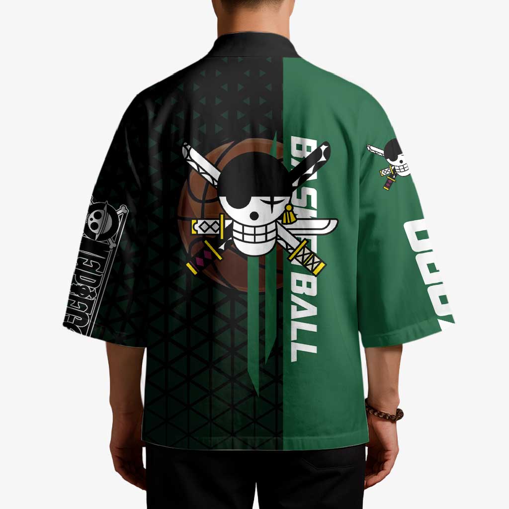 Zoro One Piece Basketball Theme Green and Black Design Kimono with Swordsman Logo and Action Dribble Pose - The Mazicc