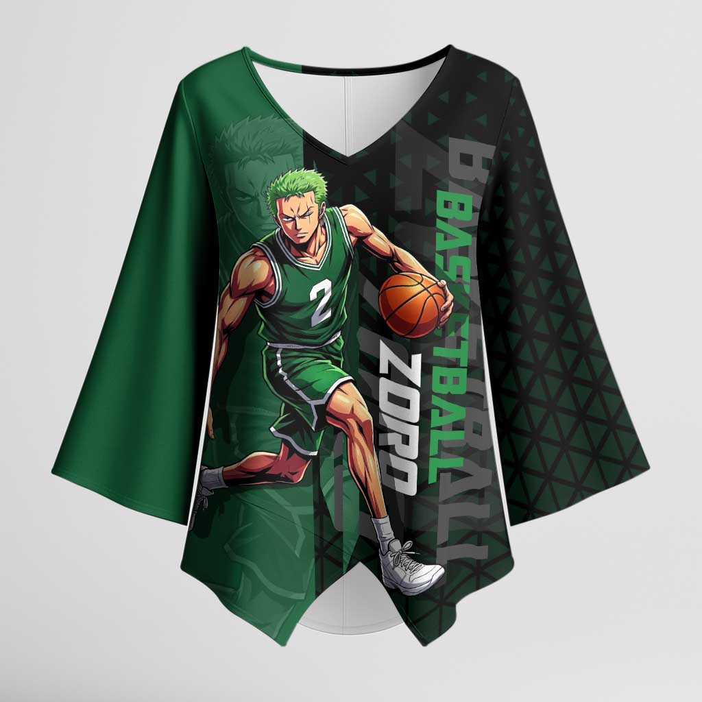 Zoro One Piece Basketball Theme Green and Black Design Kimono Sleeve Blouse with Swordsman Logo and Action Dribble Pose - The Mazicc