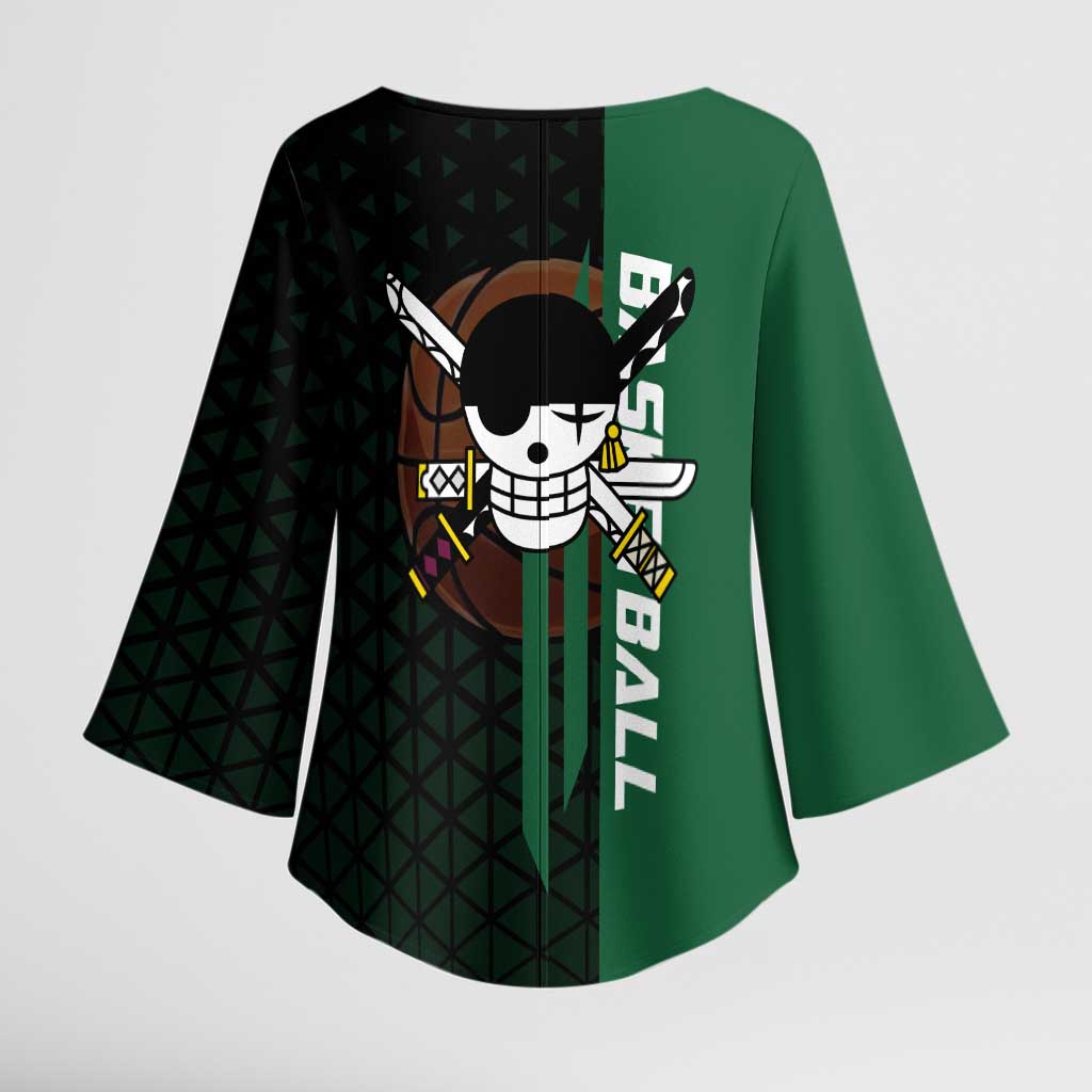 Zoro One Piece Basketball Theme Green and Black Design Kimono Sleeve Blouse with Swordsman Logo and Action Dribble Pose - The Mazicc
