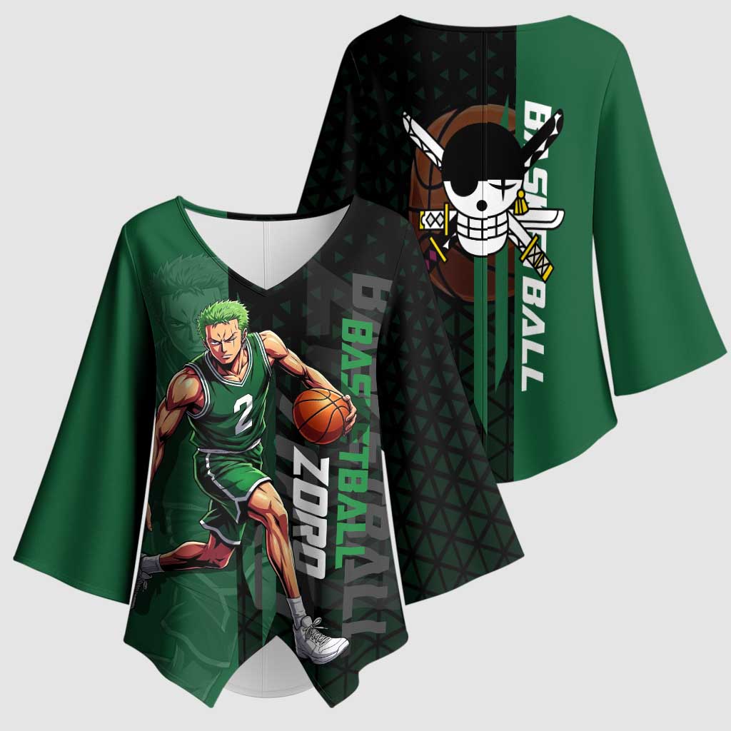 Zoro One Piece Basketball Theme Green and Black Design Kimono Sleeve Blouse with Swordsman Logo and Action Dribble Pose - The Mazicc