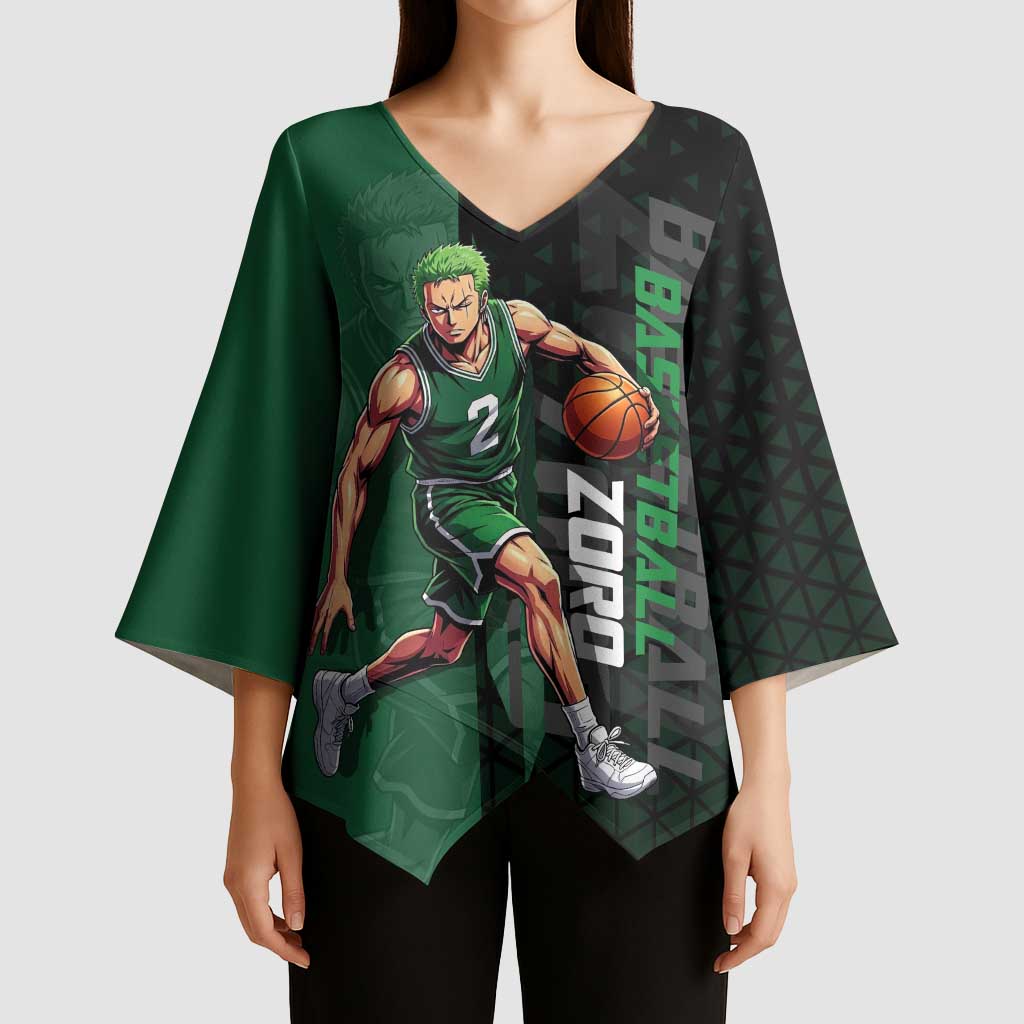 Zoro One Piece Basketball Theme Green and Black Design Kimono Sleeve Blouse with Swordsman Logo and Action Dribble Pose - The Mazicc