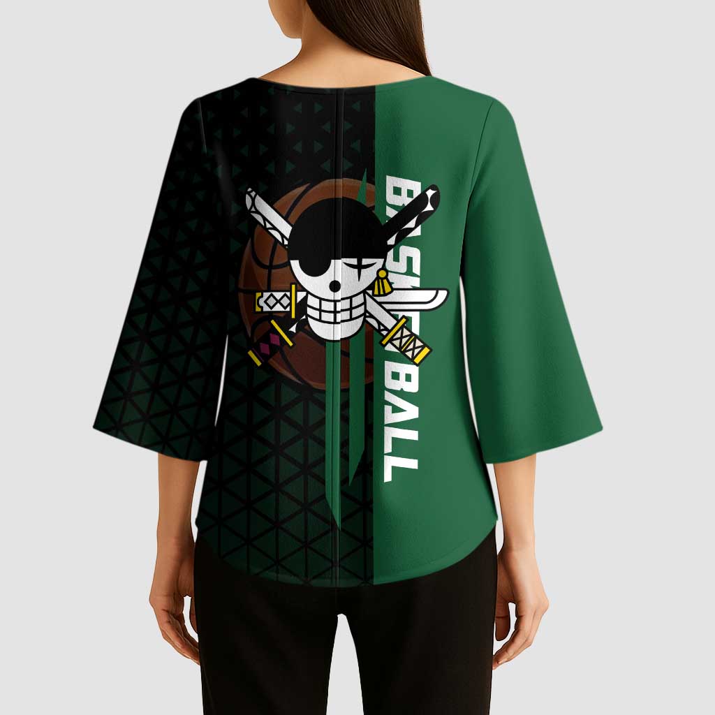 Zoro One Piece Basketball Theme Green and Black Design Kimono Sleeve Blouse with Swordsman Logo and Action Dribble Pose - The Mazicc