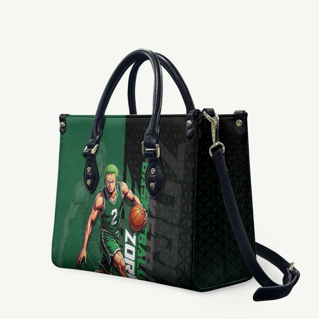 Zoro One Piece Basketball Theme Green and Black Design Leather Bag with Swordsman Logo and Action Dribble Pose - The Mazicc