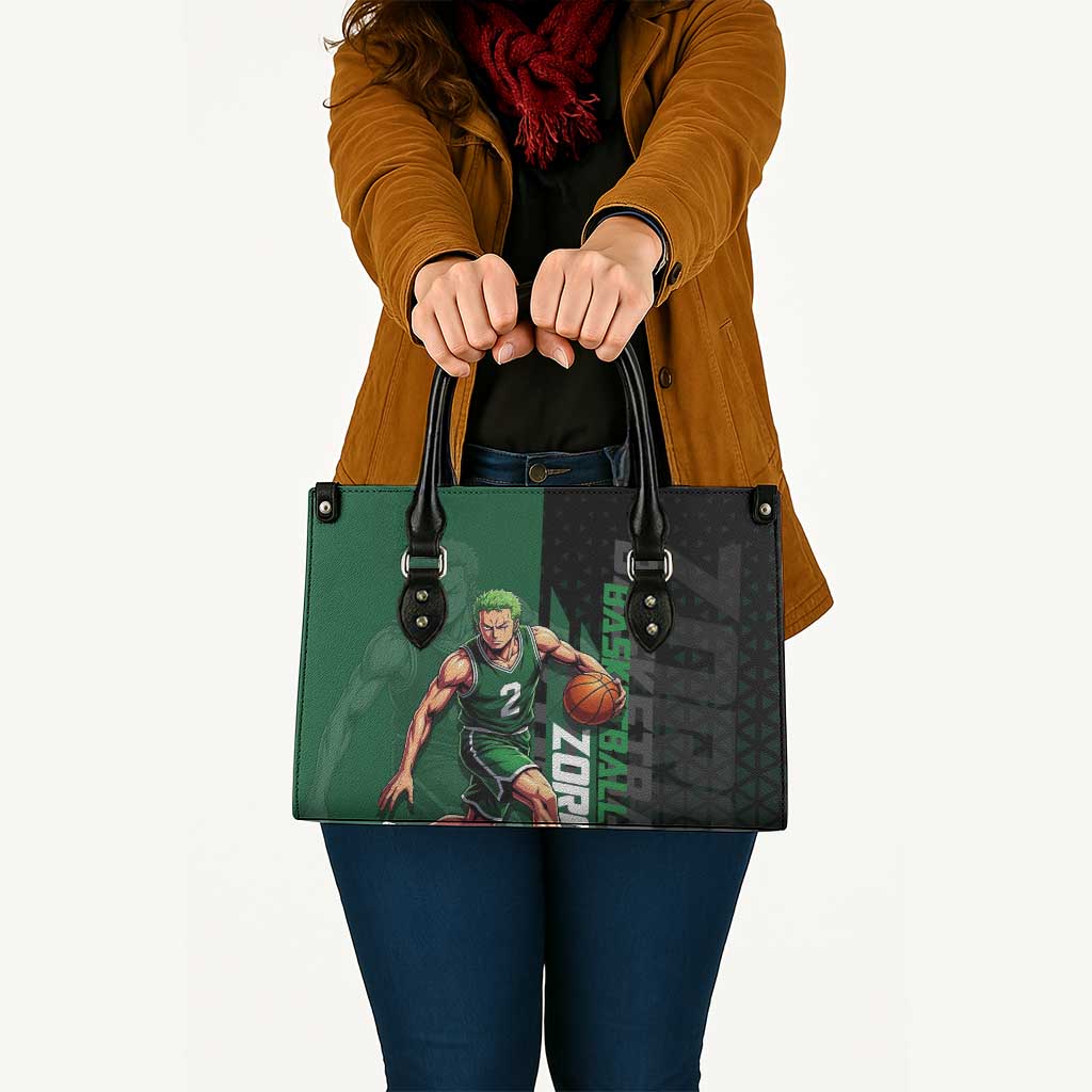 Zoro One Piece Basketball Theme Green and Black Design Leather Bag with Swordsman Logo and Action Dribble Pose - The Mazicc