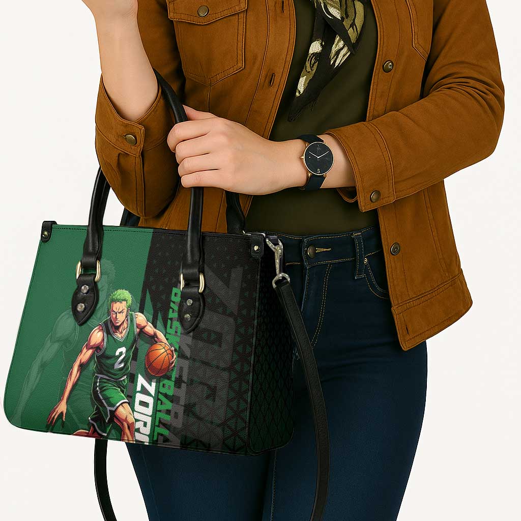 Zoro One Piece Basketball Theme Green and Black Design Leather Bag with Swordsman Logo and Action Dribble Pose - The Mazicc