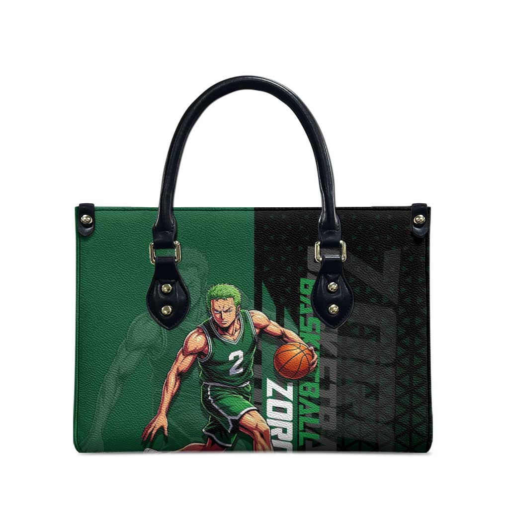 Zoro One Piece Basketball Theme Green and Black Design Leather Bag with Swordsman Logo and Action Dribble Pose - The Mazicc