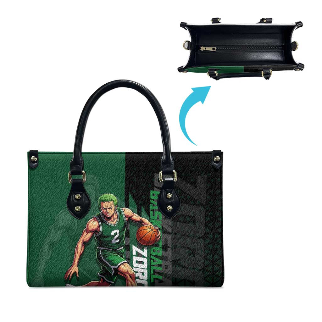 Zoro One Piece Basketball Theme Green and Black Design Leather Bag with Swordsman Logo and Action Dribble Pose - The Mazicc