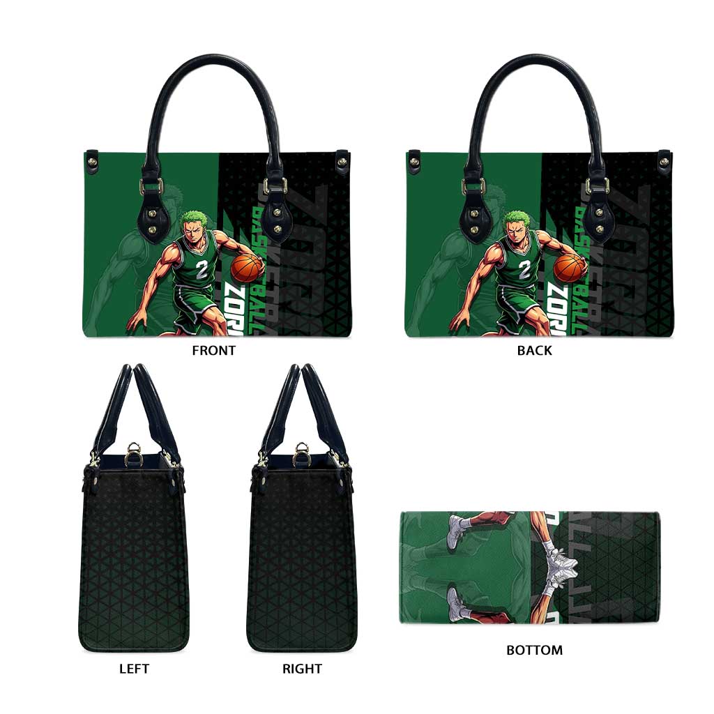 Zoro One Piece Basketball Theme Green and Black Design Leather Bag with Swordsman Logo and Action Dribble Pose - The Mazicc