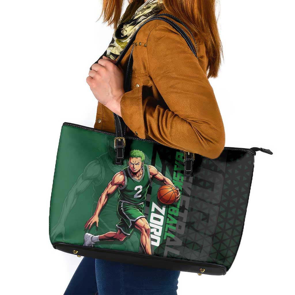 Zoro One Piece Basketball Theme Green and Black Design Leather Tote Bag with Swordsman Logo and Action Dribble Pose - The Mazicc
