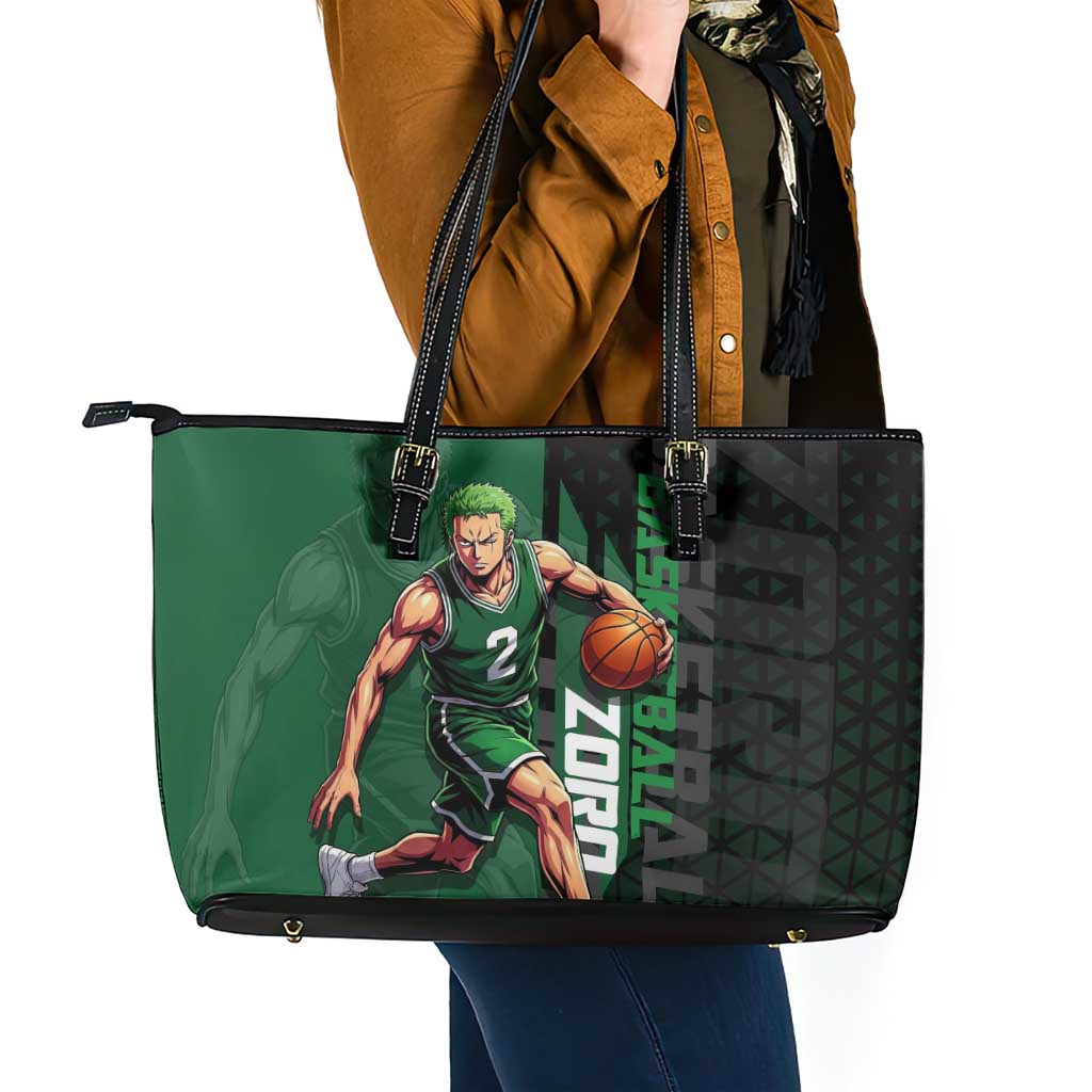 Zoro One Piece Basketball Theme Green and Black Design Leather Tote Bag with Swordsman Logo and Action Dribble Pose - The Mazicc